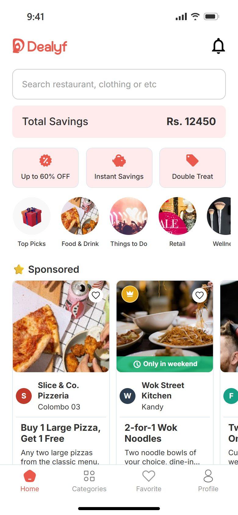 Dealyf user app home: search, total savings, deal types, business categories and sponsored buy-one-get-one deals