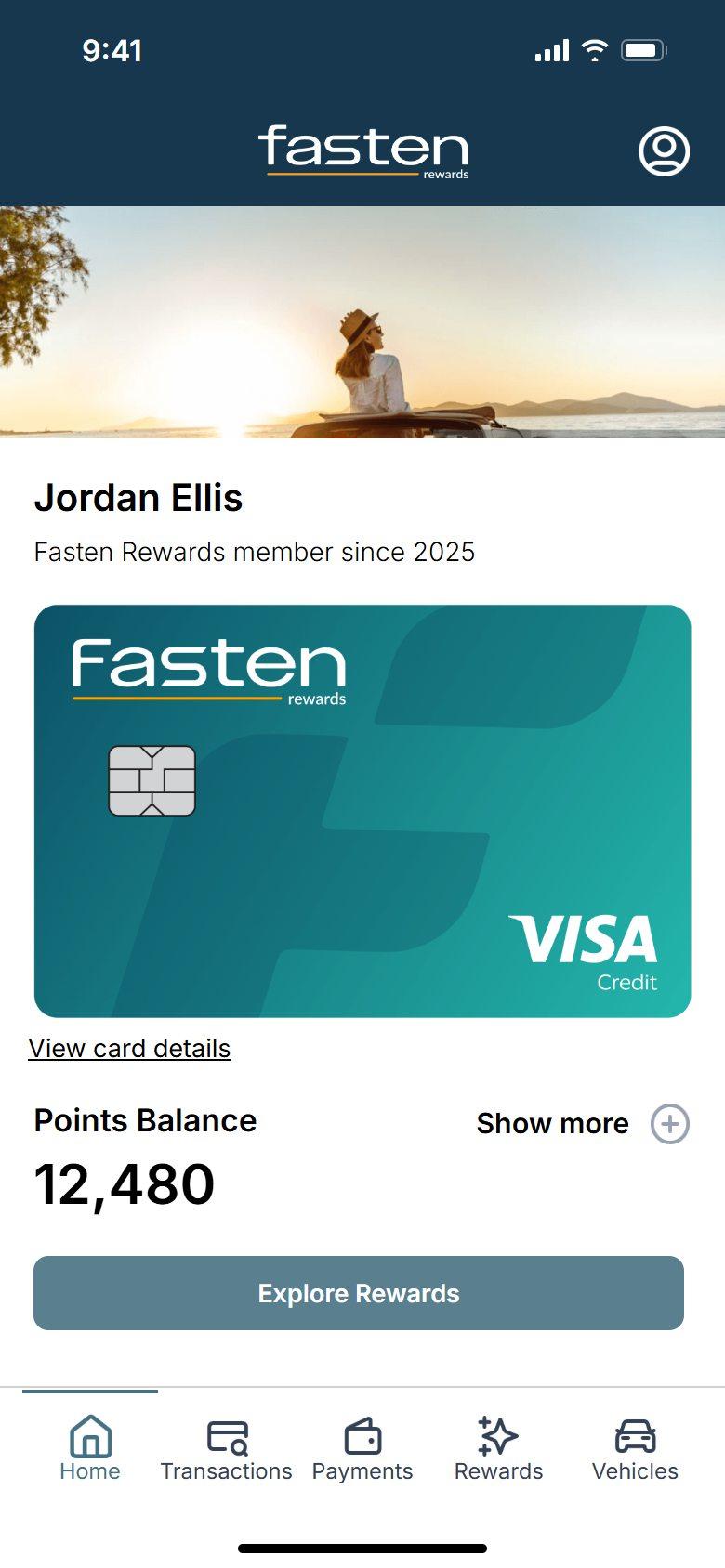 Fasten iOS app: home tab with rewards card, points balance and bottom tab bar