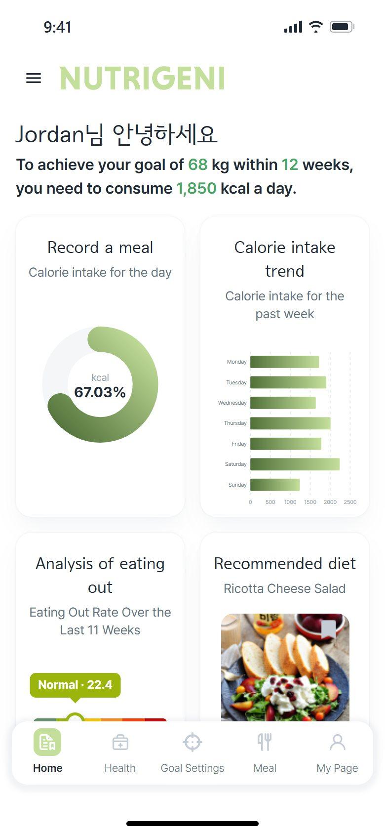 Nutrigeni home: daily calorie goal, calorie gauge, weekly intake chart, BMI slider and a recommended recipe