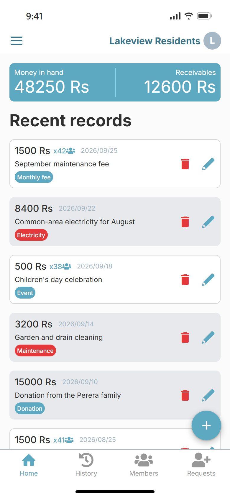 UnityMS society home: money in hand and receivables, and recent credit and cost records with member counts and type badges